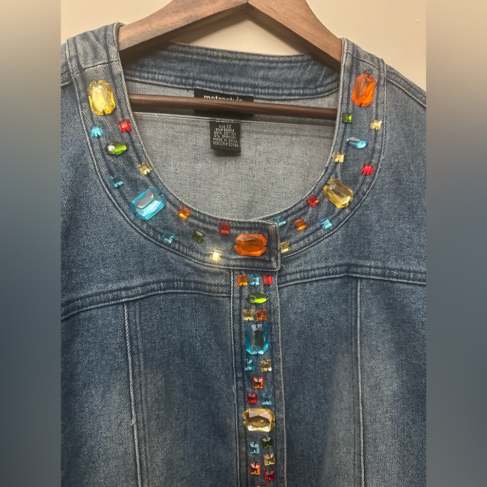 EUC Metrostyle Stretch Denim Jacket with Multicolor Gem Embellishments Size 12 - Picture 6 of 6